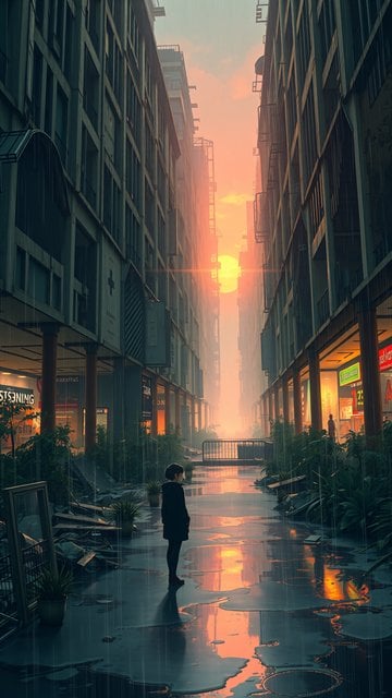 Rainy City Street Sunset with Lone Figure Reflection