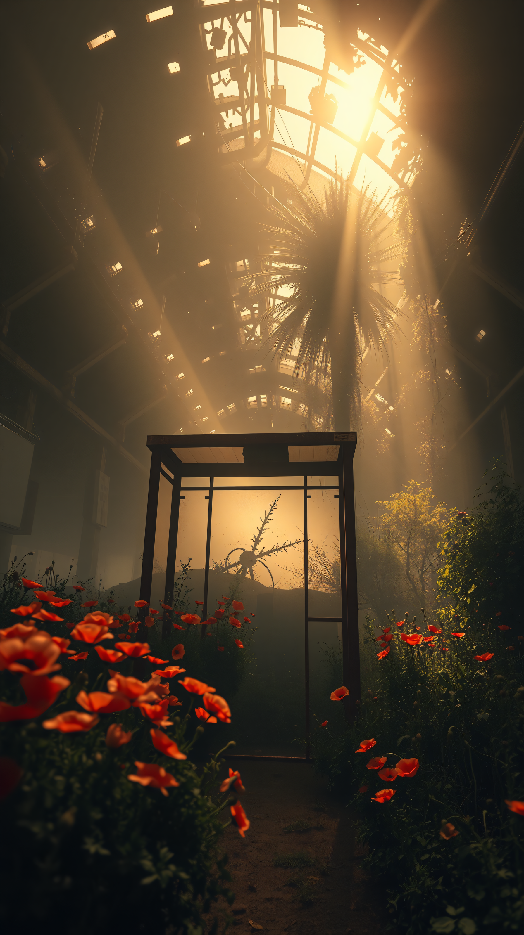 Golden Sunbeams & Red Poppies in Greenhouse, greenhouse, sunbeams, poppies, red flowers, golden light, aesthetic