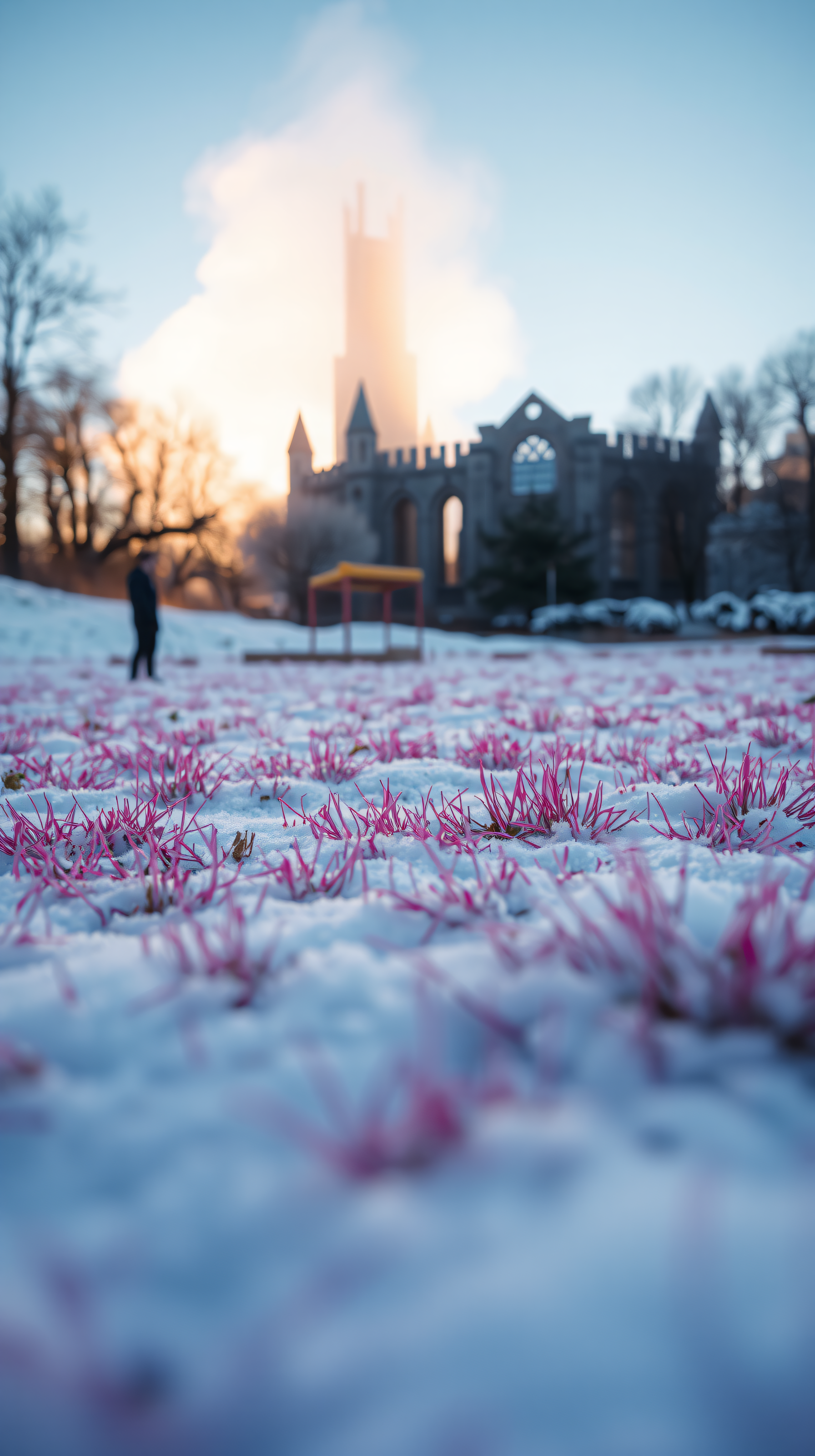 Winter Pink Grass & Gothic Ruins at Sunrise, winter wallpaper, pink grass, snow, gothic ruins, sunrise, nature