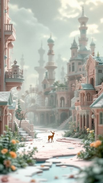 Dreamy Fairytale Town with Deer & Pastel Architecture
