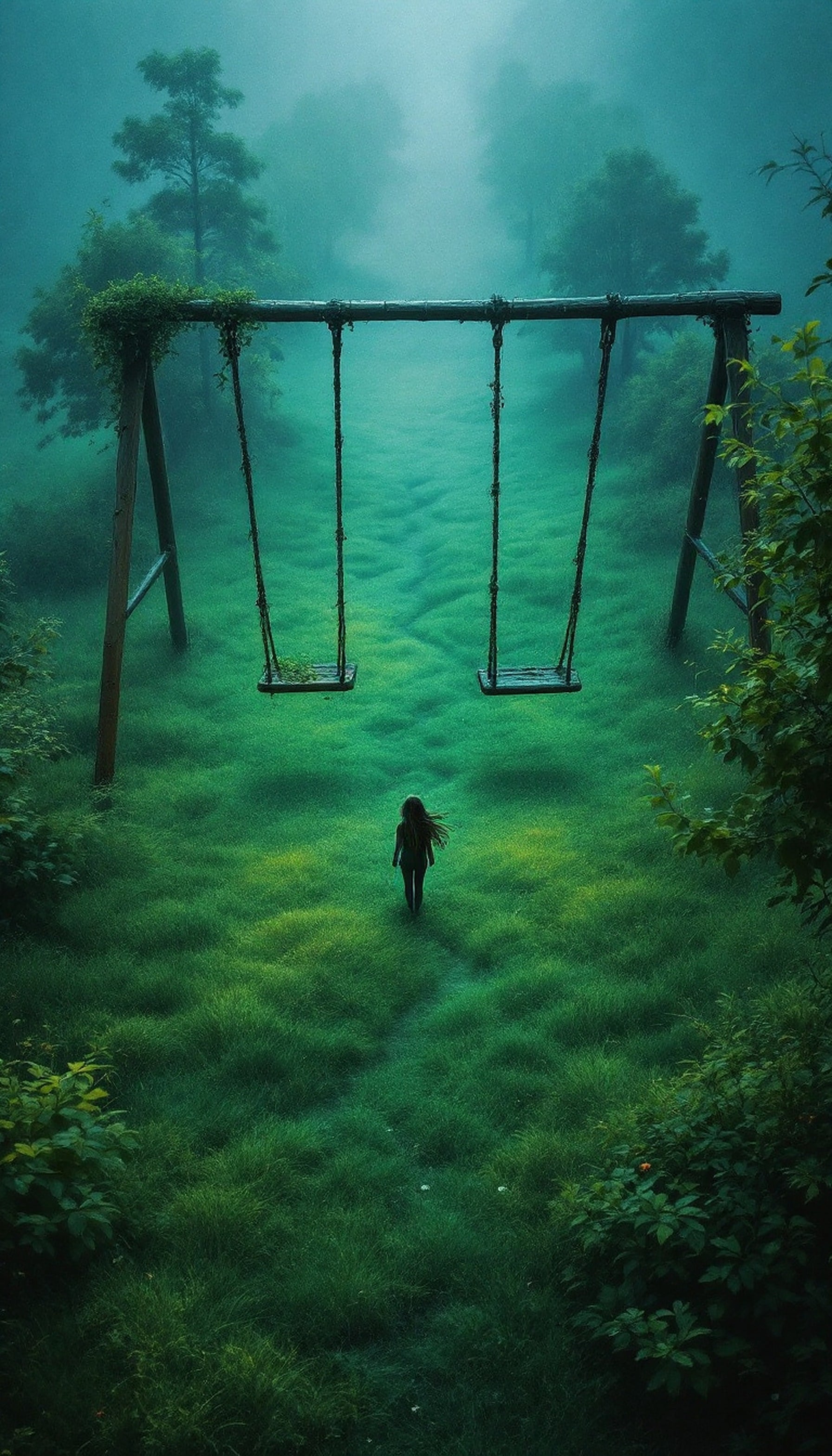Misty Green Field Swings & Lone Figure, misty, green, swings, nature, forest, dreamy