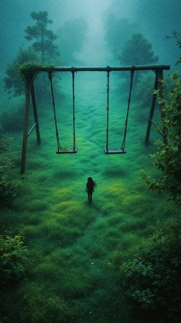 Misty Green Field Swings & Lone Figure