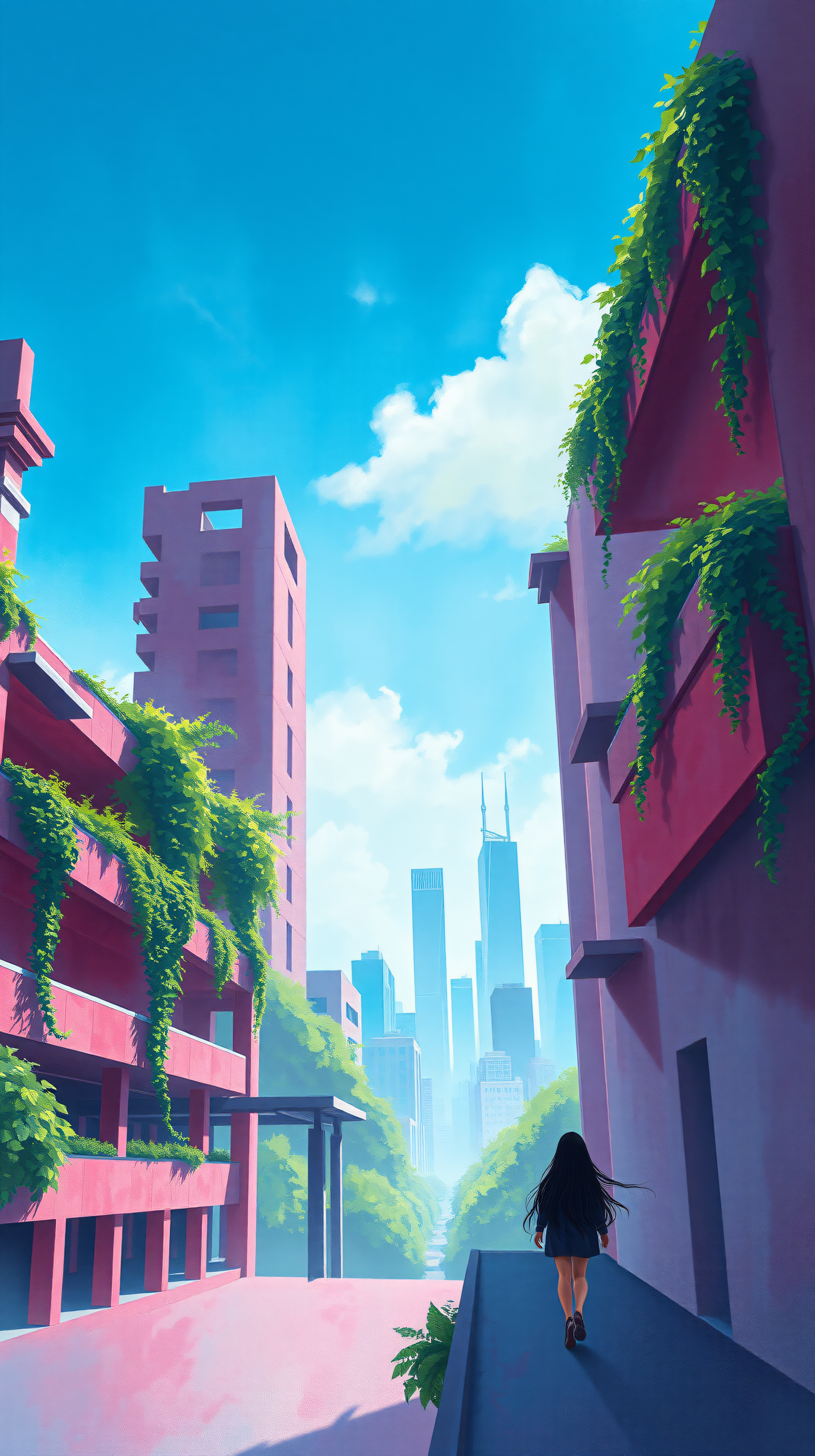 Vibrant Cityscape with Overgrown Pink Buildings, cityscape, vibrant city, pink buildings, green vines, urban nature, anime art