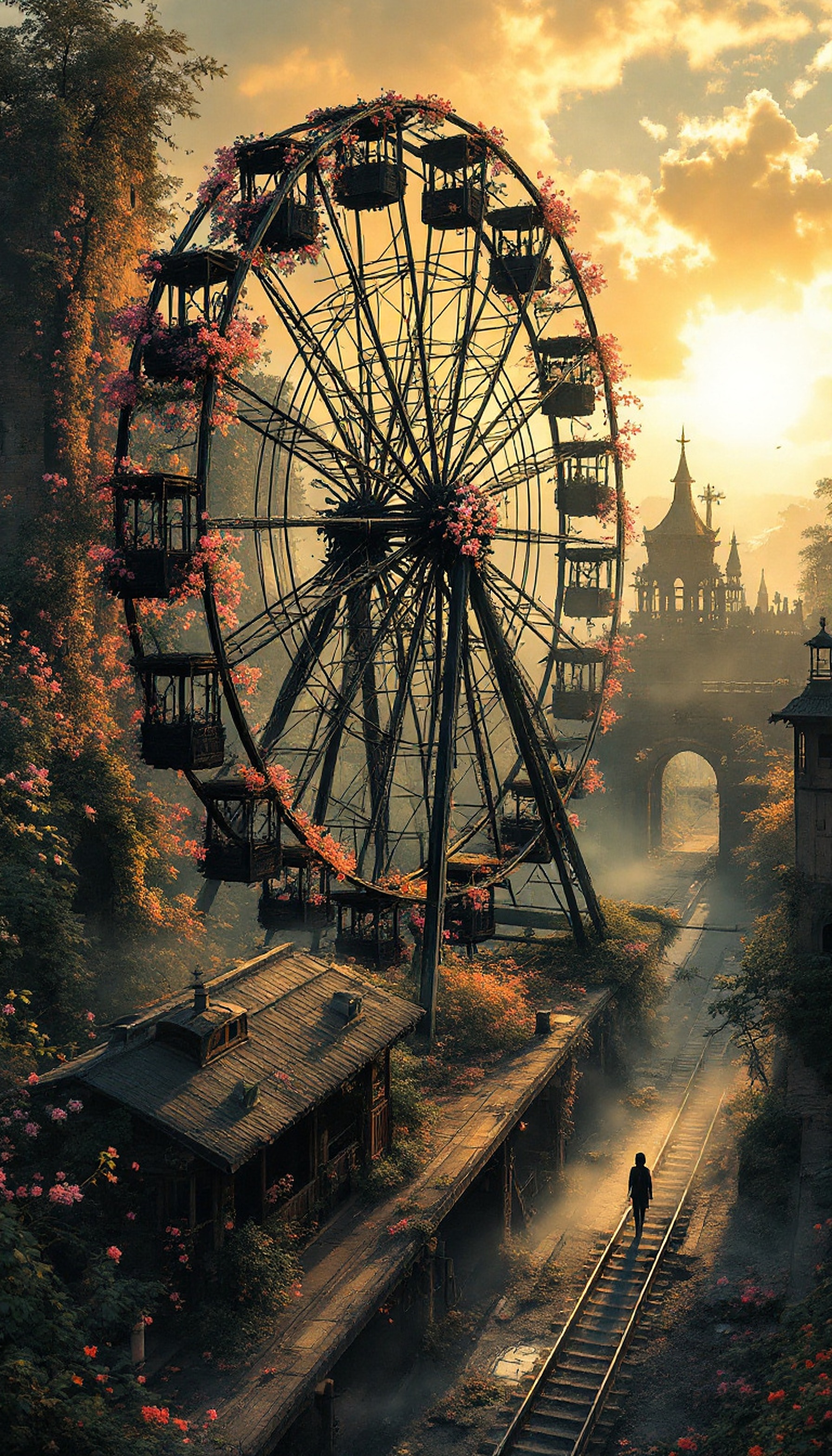 Abandoned Ferris Wheel at Golden Hour, ferris wheel, abandoned, golden hour, fantasy, mystical, overgrown