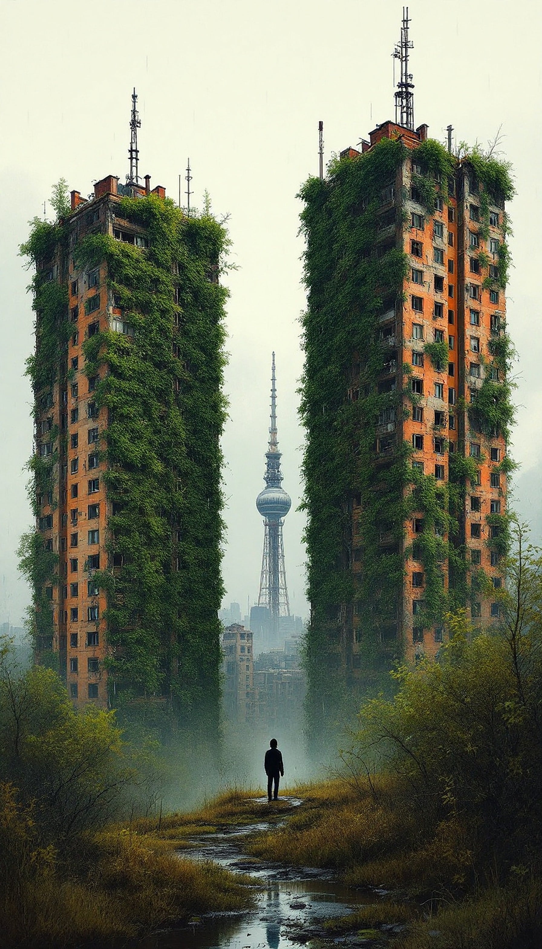 Post-Apocalyptic City Overgrown with Nature, dystopian wallpaper, post-apocalyptic, overgrown city, nature reclaiming, lonely figure, misty cityscape