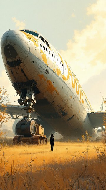 Abandoned Plane Field Girl - Dystopian Landscape