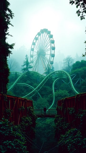 Abandoned Amusement Park in Fog