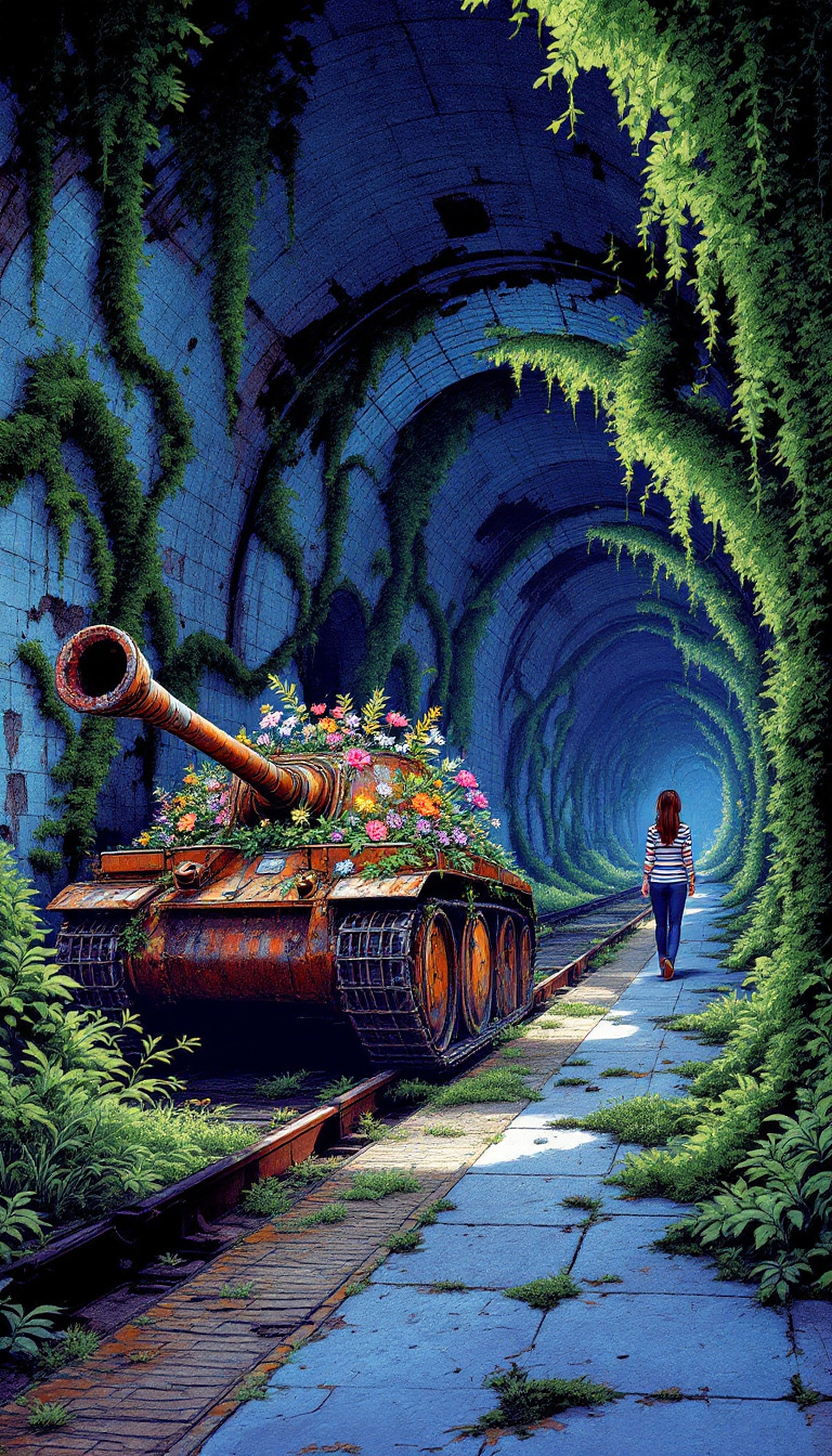 Overgrown Tunnel with Flower Tank & Woman, overgrown tunnel, flower tank, abandoned tracks, nature reclaiming, blue tunnel, green vines