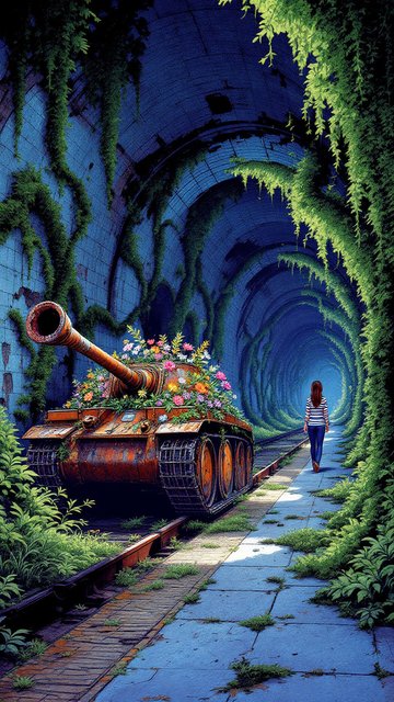 Overgrown Tunnel with Flower Tank & Woman