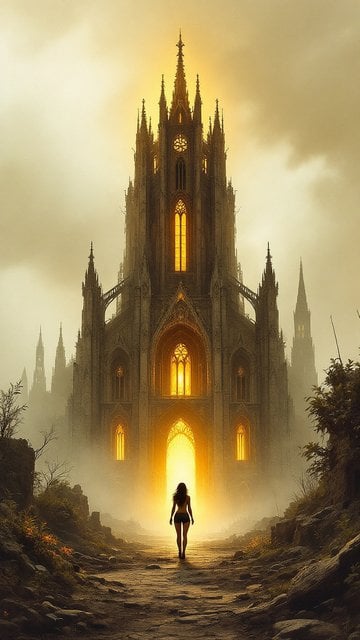 Gothic Castle glowing in golden fog with mysterious figure