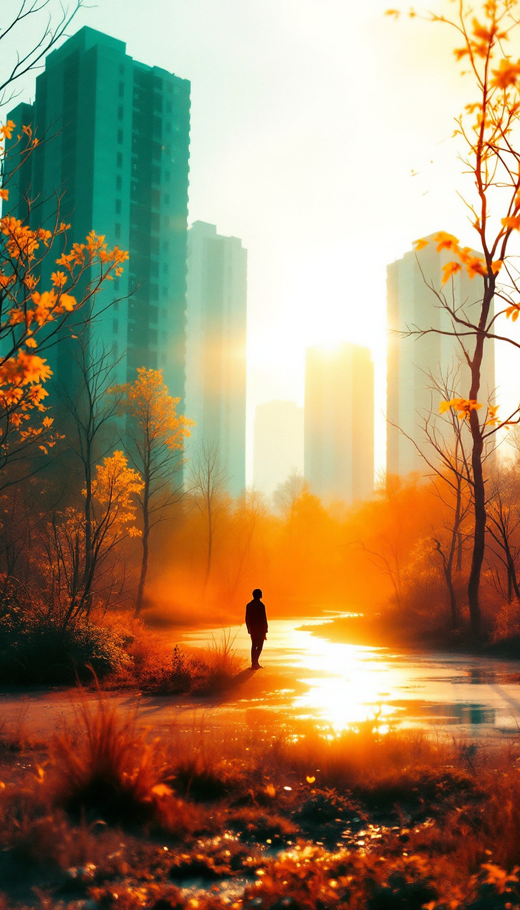Misty City Autumn Path at Sunset, sunset, sunrise, autumn, cityscape, path, solitary figure