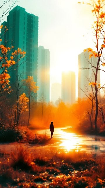 Misty City Autumn Path at Sunset