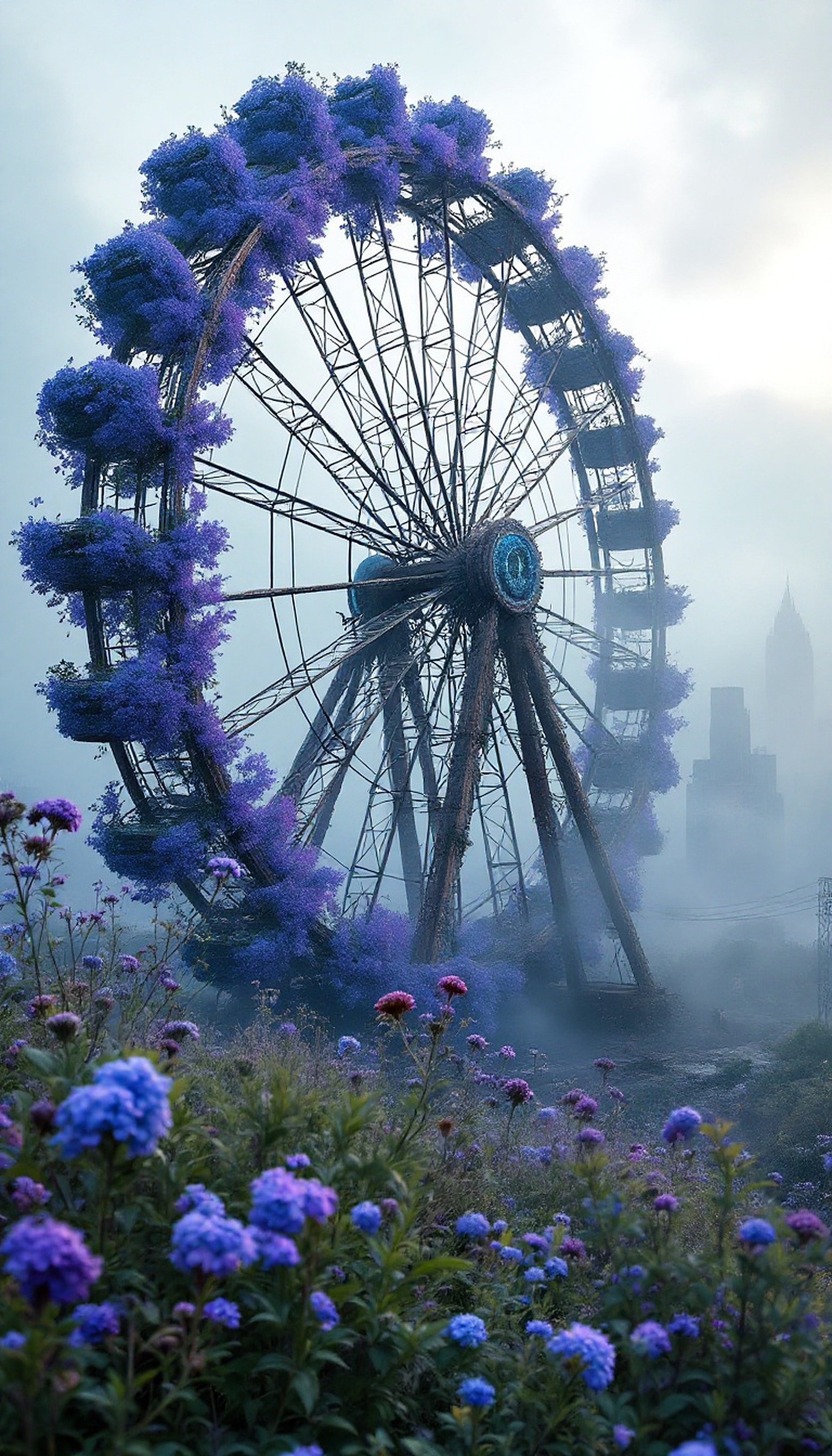 Overgrown Ferris Wheel with Purple Flowers, ferris wheel, overgrown, purple flowers, fantasy, dystopian nature, misty