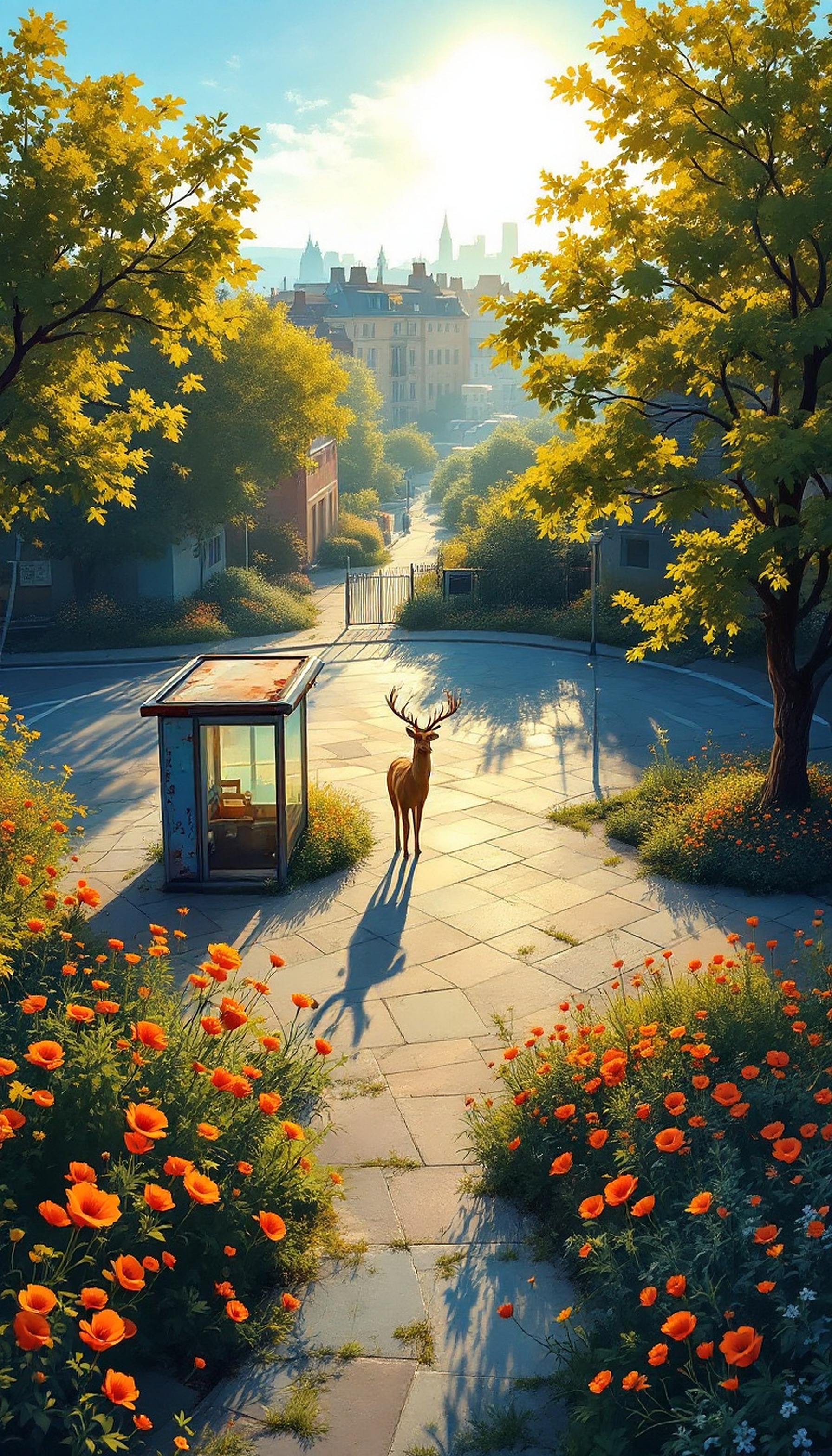 Sunlit Deer in Urban Garden Path Wallpaper, deer, poppies, sunlight, cityscape, urban garden, nature