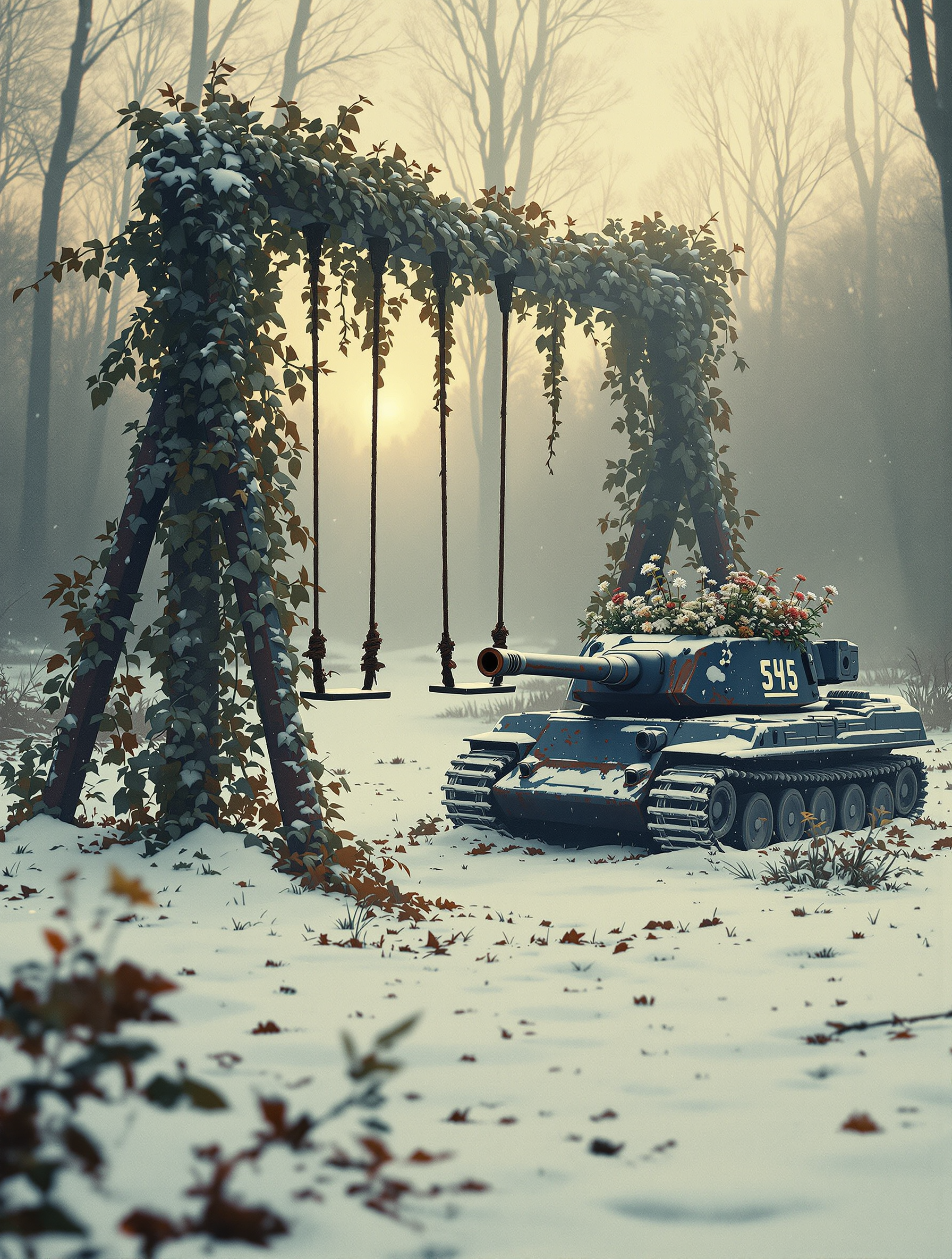 Winter Forest Peace: Tank & Swing, winter forest, snowy wallpaper, peaceful, tank art, swing set, floral tank