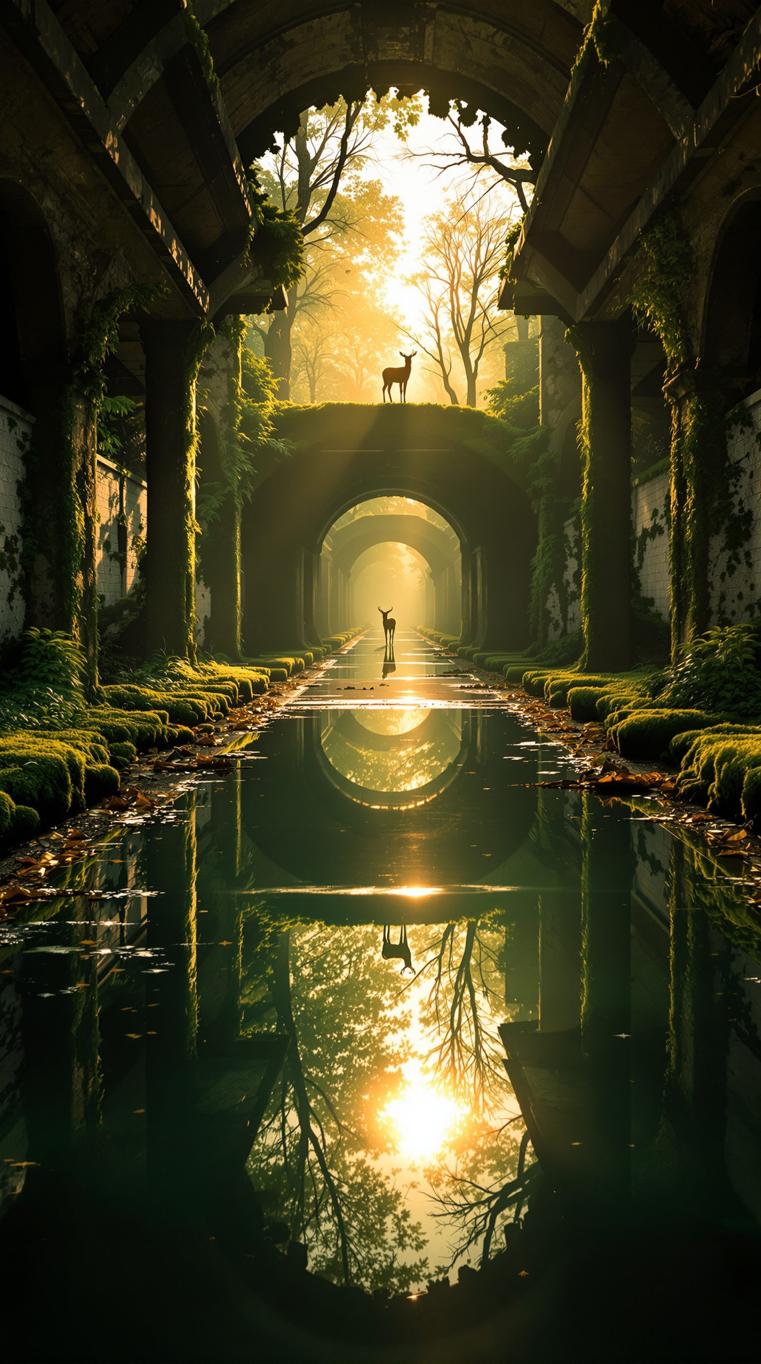 Enchanted Ruins with Deer at Golden Hour, enchanted ruins, deer, golden hour, fantasy, nature, moss