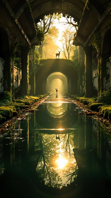 Enchanted Ruins with Deer at Golden Hour