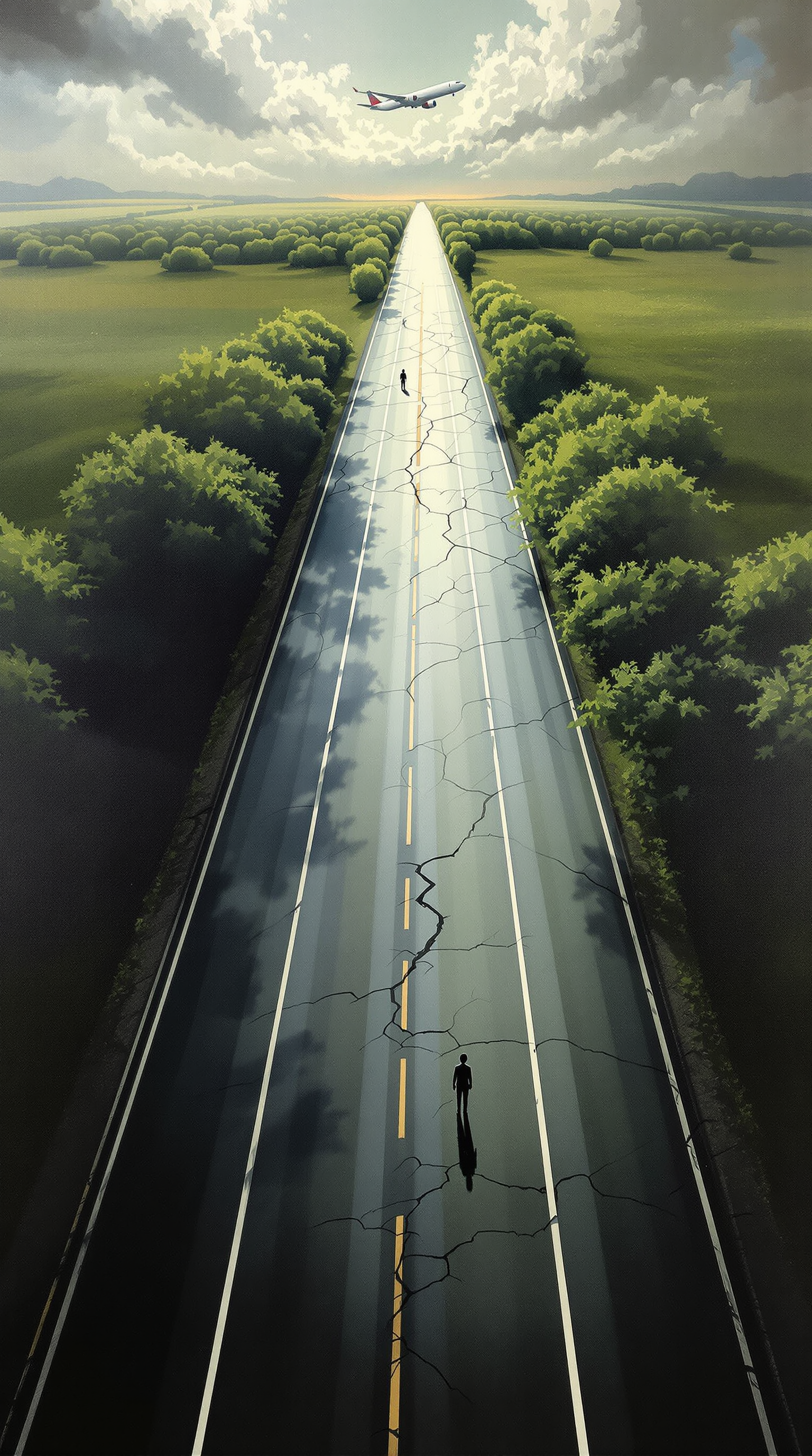 Cracked Highway, Distant Plane, Solitary Figures, cracked road, highway, airplane, travel, landscape, solitude