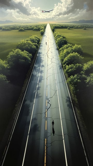 Cracked Highway, Distant Plane, Solitary Figures