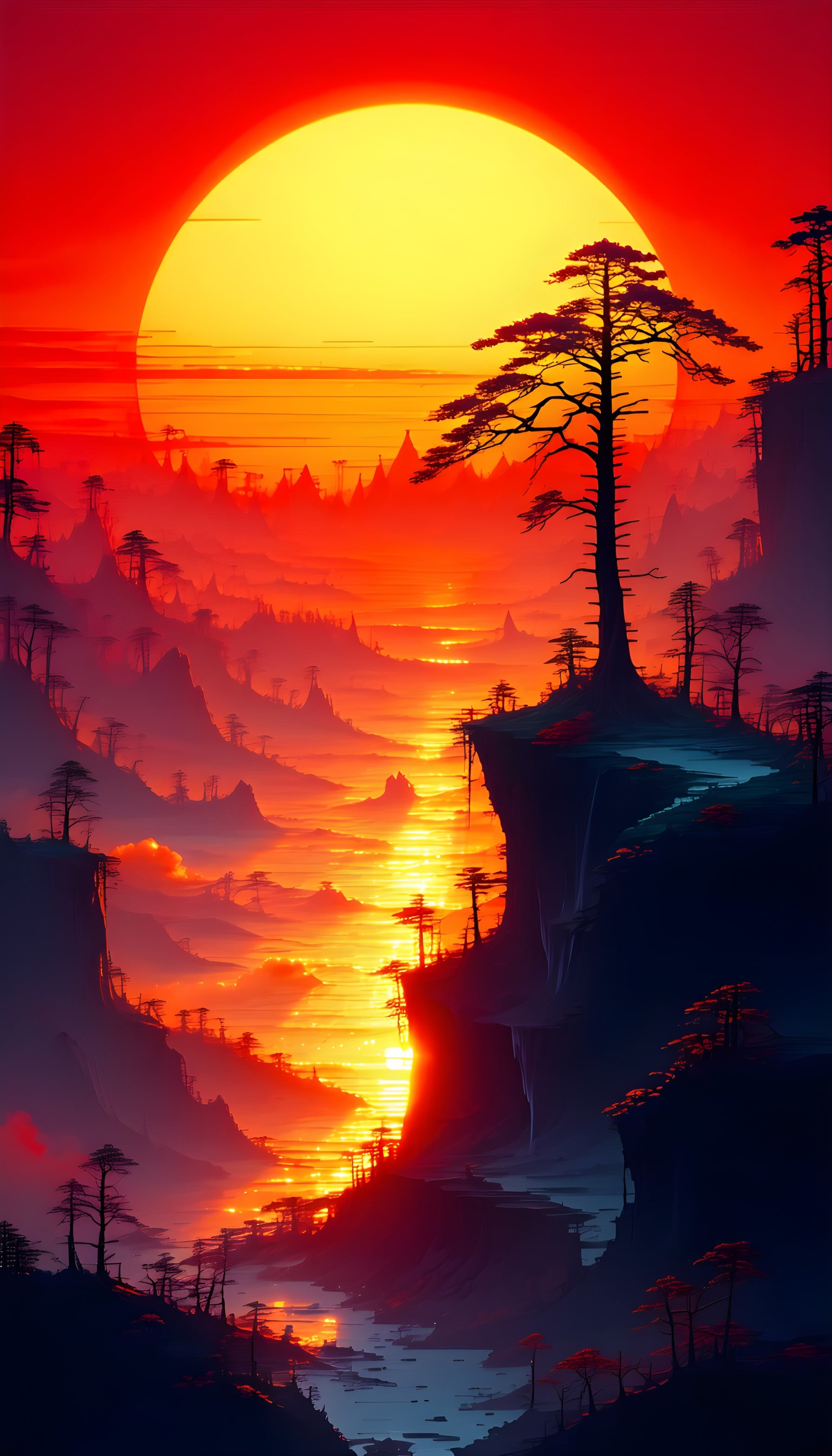 Vibrant Fiery Sunset Over Mystical Mountain Valley, fiery sunset, mountain valley, digital art, vibrant landscape, golden hour, dramatic nature