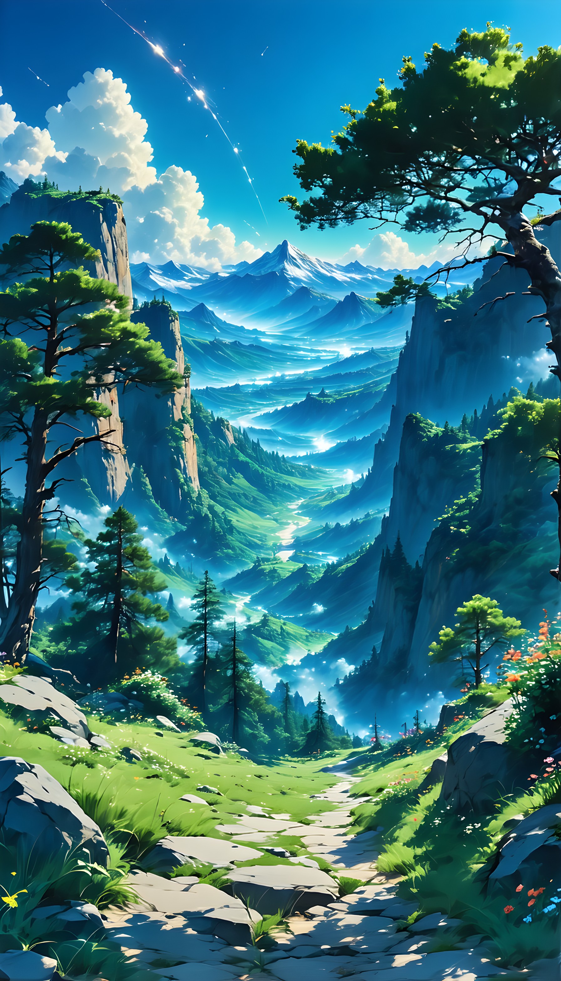 Fantasy Misty Mountain Valley Path Wallpaper, fantasy landscape, anime art, mountain valley, ethereal nature, green and blue, forest path