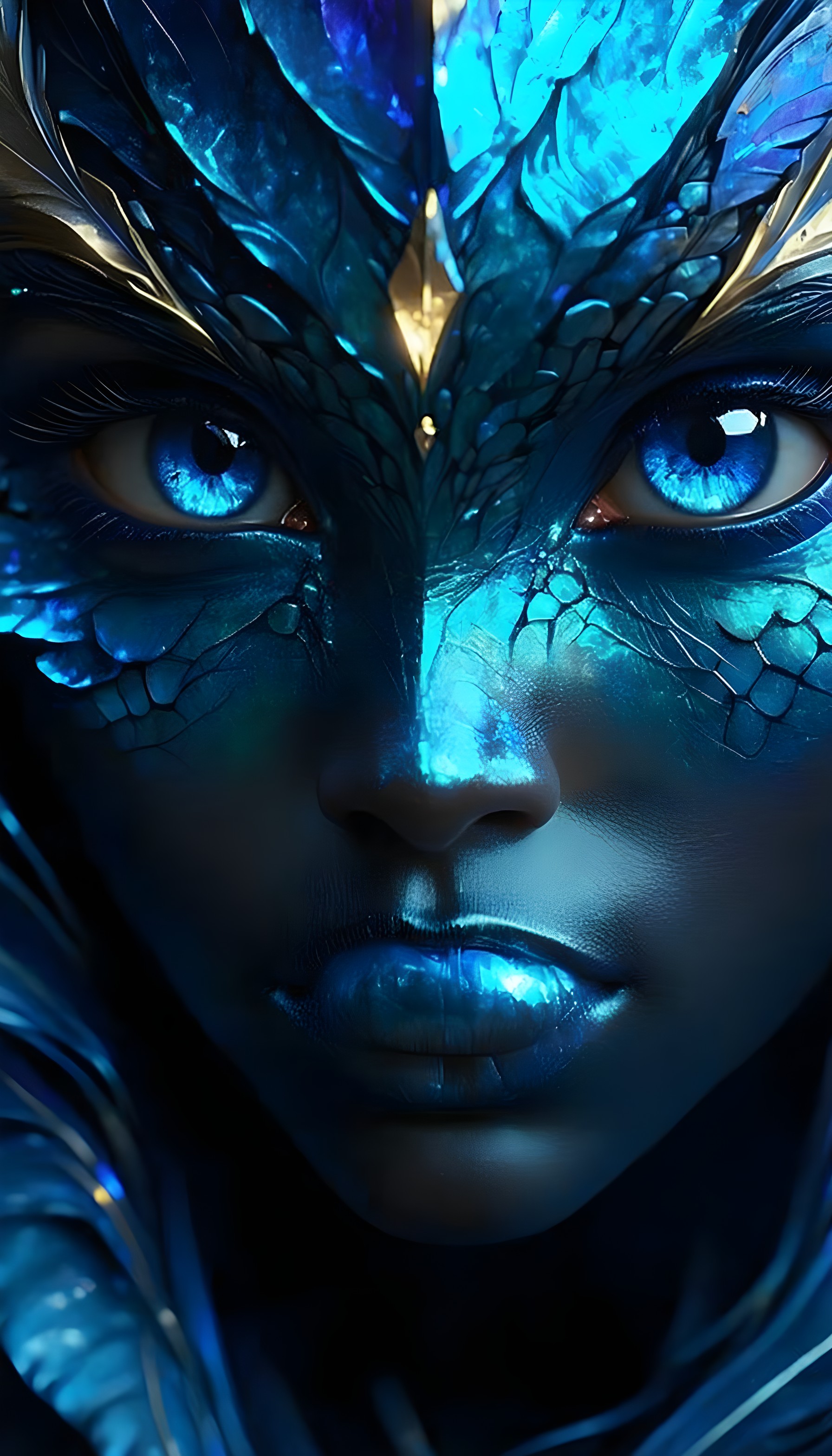 Enchanting Blue Scale Face Fantasy Portrait Wallpaper, fantasy art, blue scales, glowing eyes, mythical creature, digital painting, sci-fi aesthetic