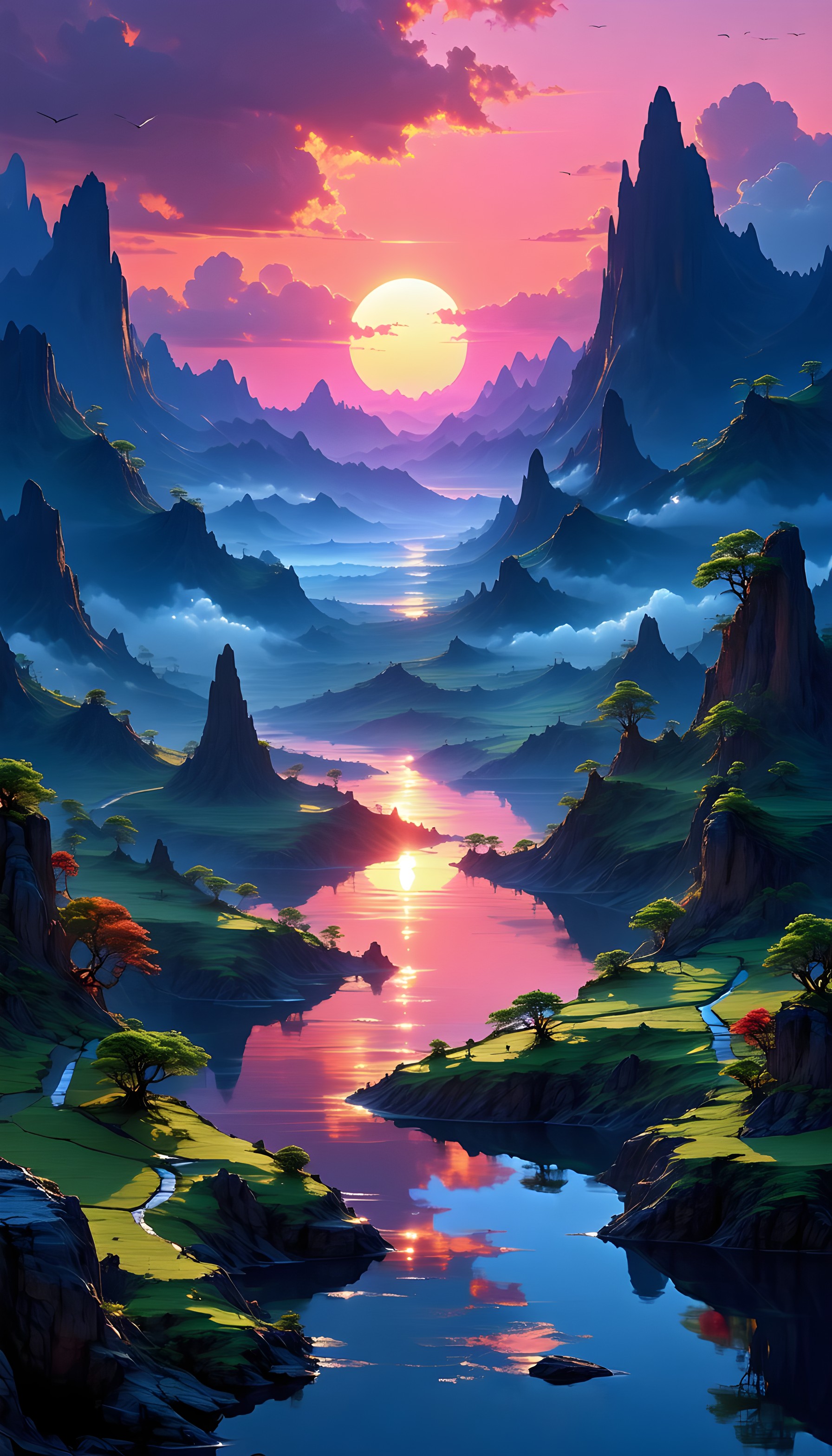 Vibrant Fantasy Mountain River Sunset Wallpaper, fantasy landscape, sunset, vibrant art, mountain river, magical scenery, ethereal