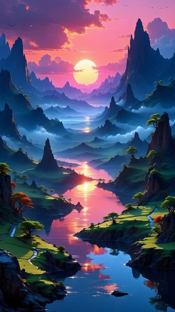Vibrant Fantasy Mountain River Sunset Wallpaper