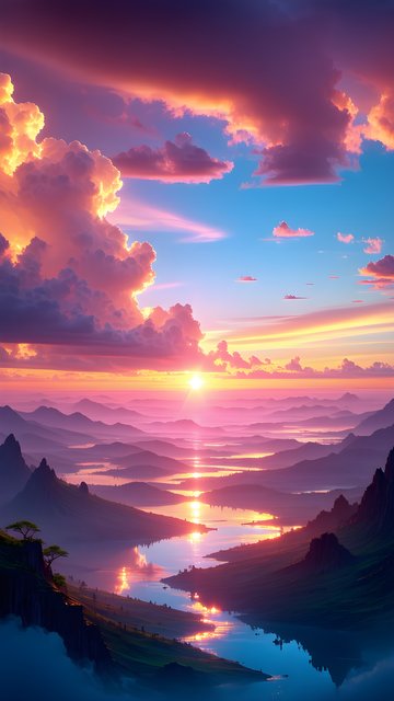 Vibrant Sunset Mountain River Valley Wallpaper