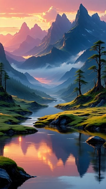 Fantasy Mountain Valley Sunset River Mobile Wallpaper