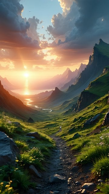 Golden Hour Mountain Valley Path Landscape Wallpaper