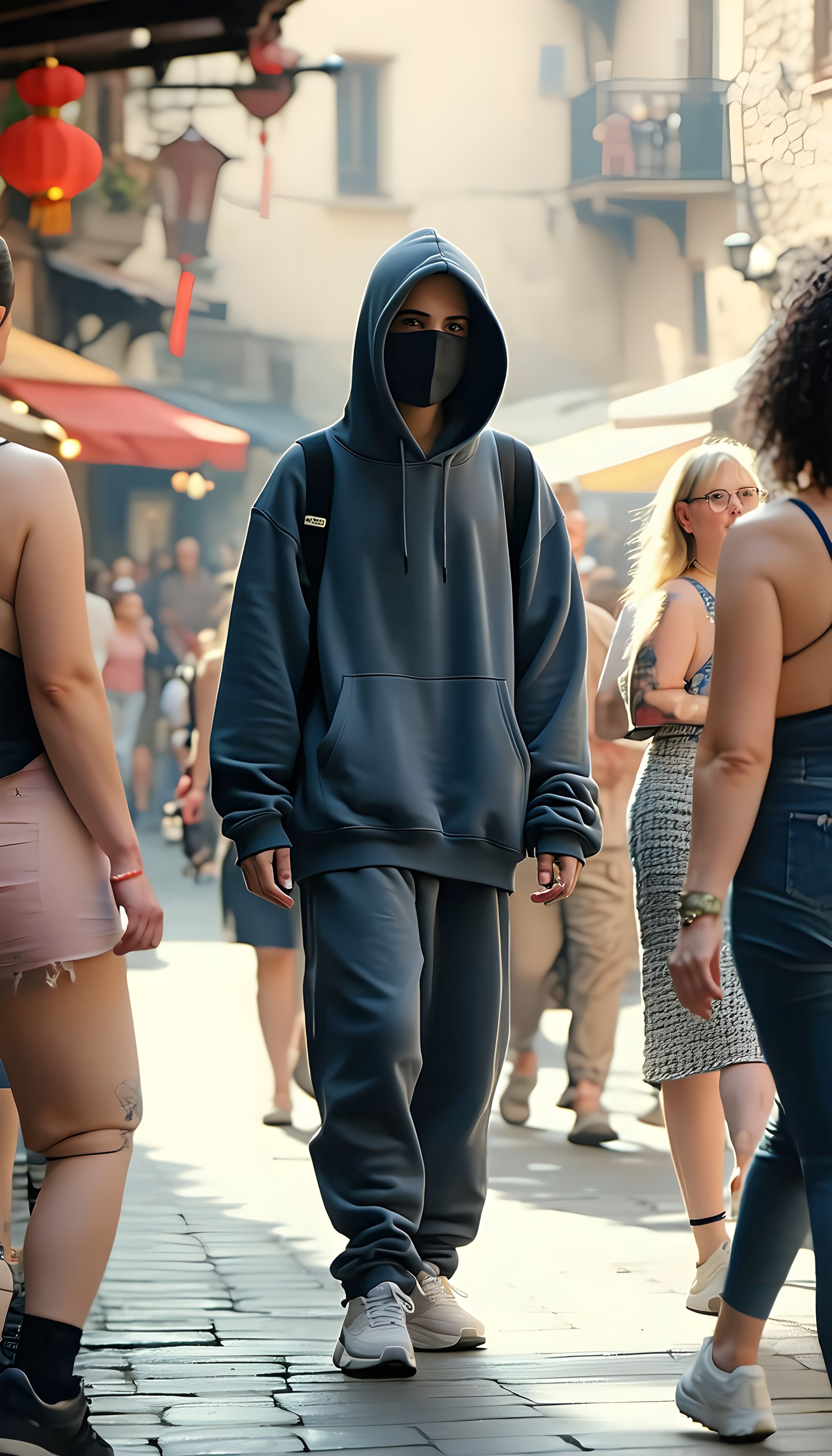 Urban Street Style: Masked Figure in Grey Hoodie, urban street, hoodie, face mask, anonymous, city life, streetwear aesthetic