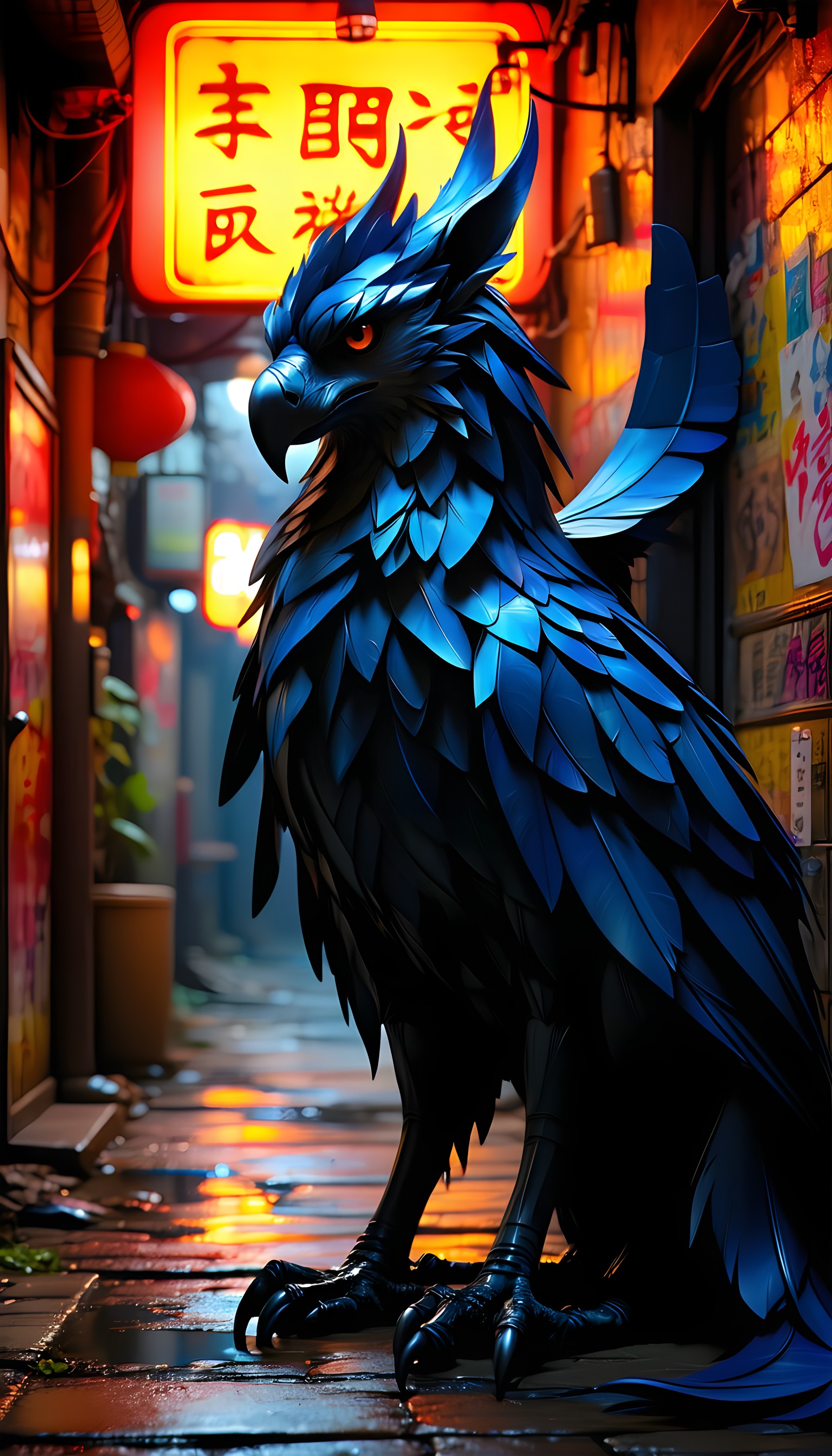 Majestic Blue Griffin in Neon Cyberpunk Alley, griffin, mythical bird, cyberpunk, neon alley, urban fantasy, blue