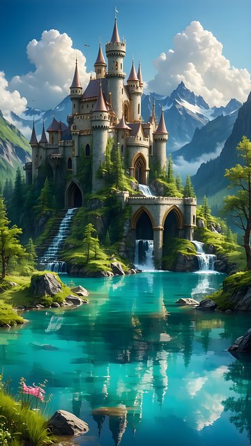 Enchanting Fantasy Castle by Turquoise Lake Waterfall