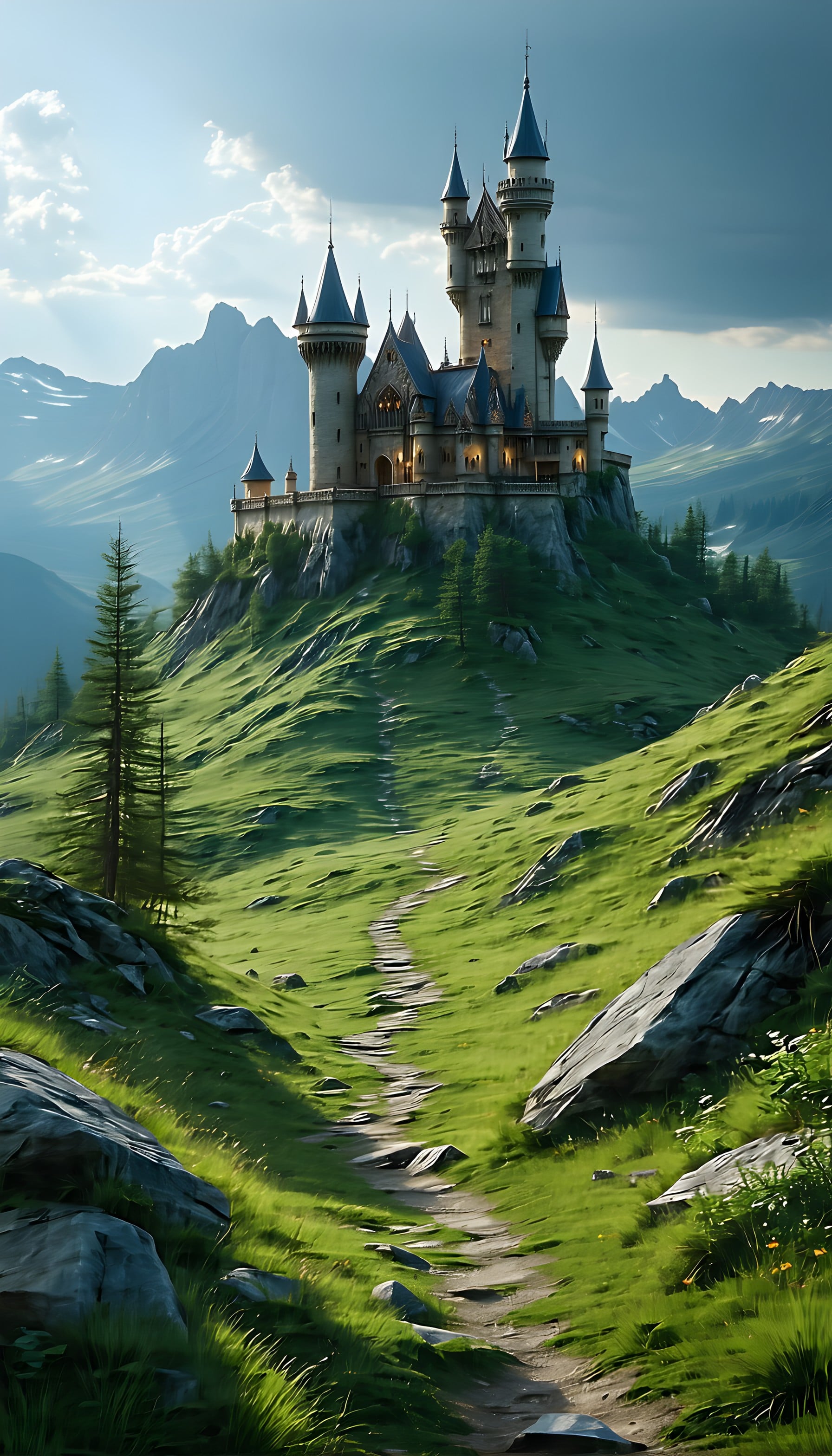 Majestic Castle on Green Mountain Path Wallpaper, castle, fantasy, green hills, mountain, enchanted, nature