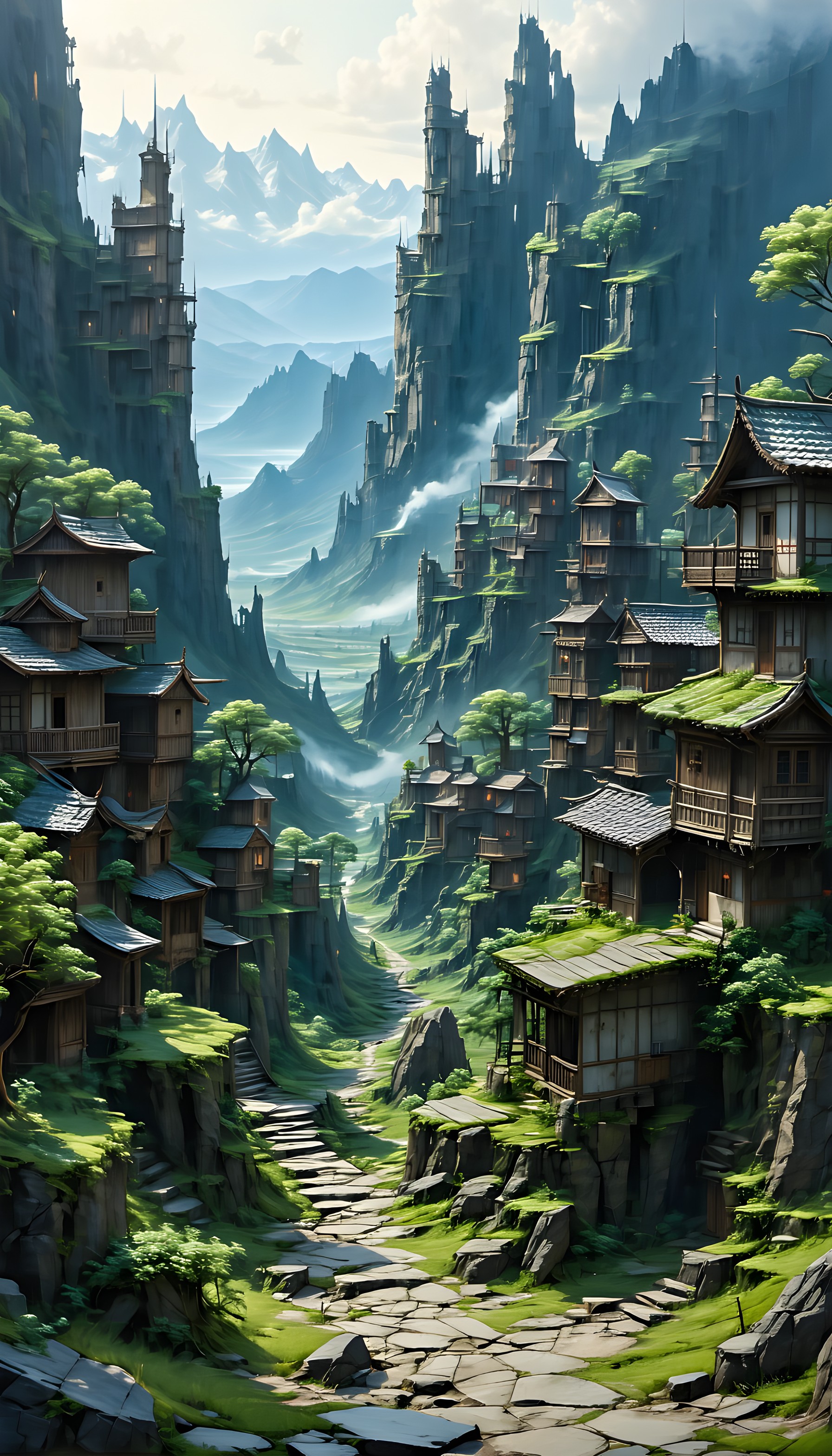 Mystical Cliffside Village Valley Phone Wallpaper, fantasy village, mountain valley, cliffside homes, lush green, misty mountains, asian architecture