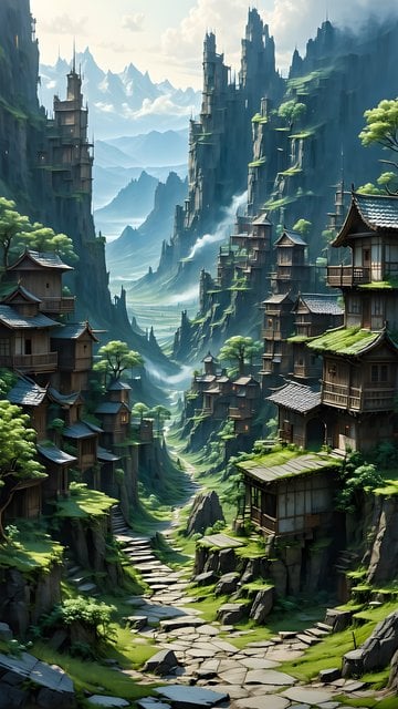 Mystical Cliffside Village Valley Phone Wallpaper