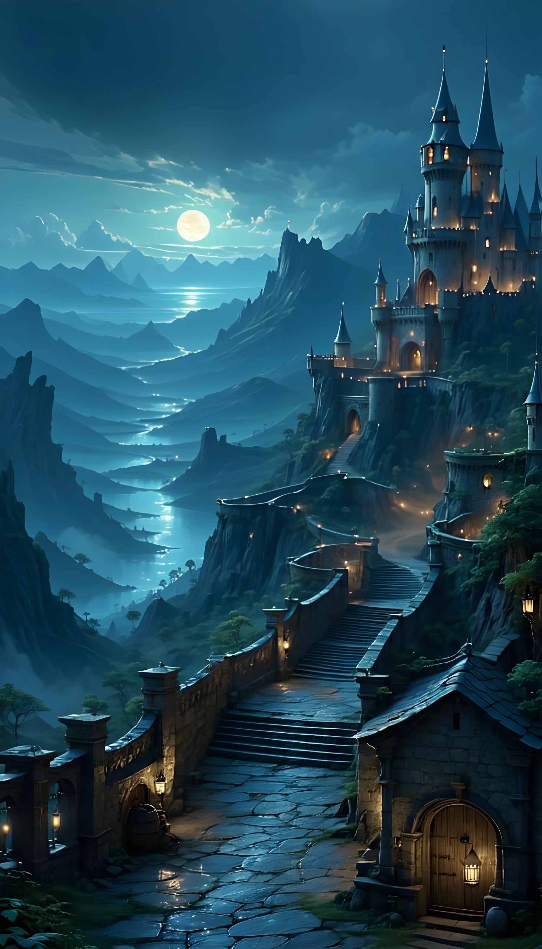 Enchanted Moonlit Castle & Mountain Valley Wallpaper, fantasy castle, moonlit night, mystical mountains, magical kingdom, ethereal wallpaper, digital art