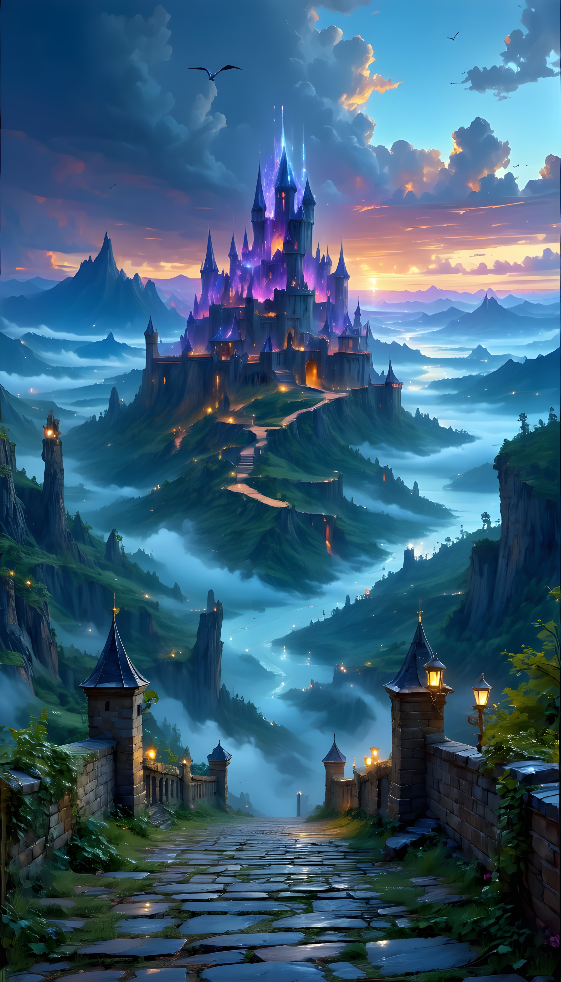 Enchanted Fantasy Castle Twilight Wallpaper, fantasy castle, magical kingdom, twilight scene, misty mountains, purple glow, dreamy aesthetic