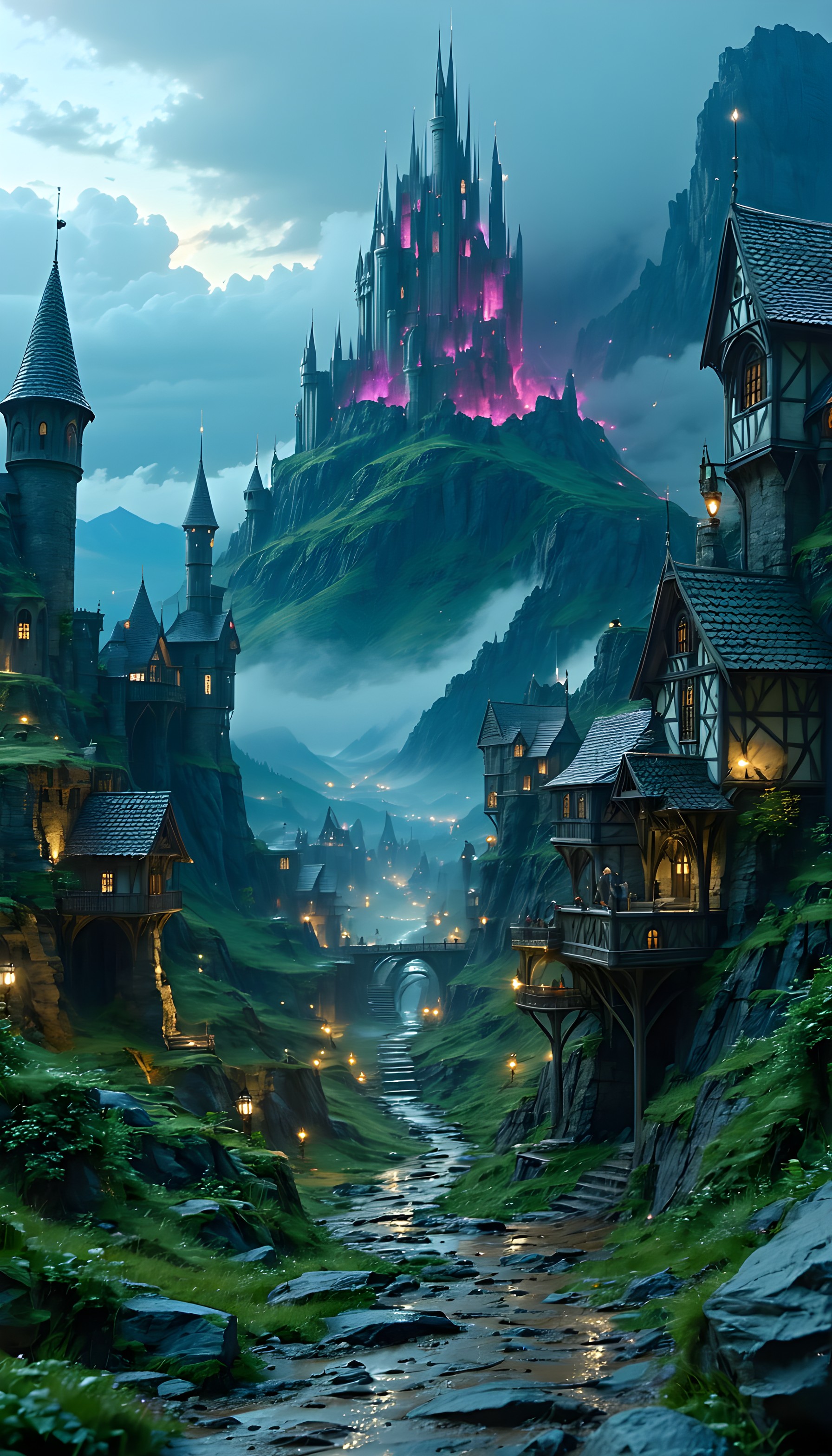 Glowing Castle & Fantasy Valley Village Wallpaper, fantasy castle, enchanted village, glowing fortress, misty valley, magical landscape, medieval architecture