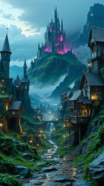 환상적인 중세 마을과 성