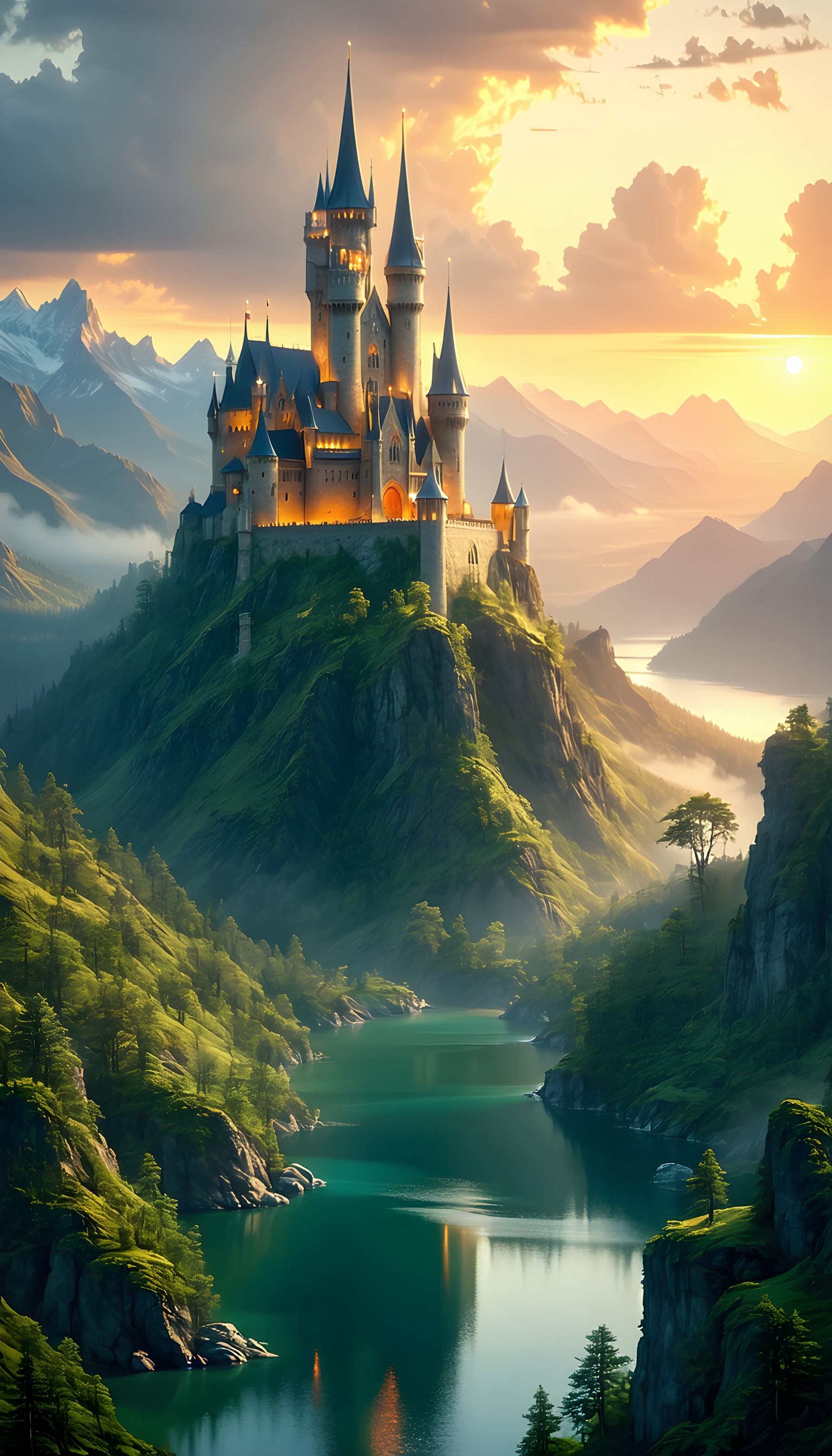 Majestic Fantasy Castle Overlooking Lake at Sunset, castle, fantasy, sunset, lake, mountains, landscape