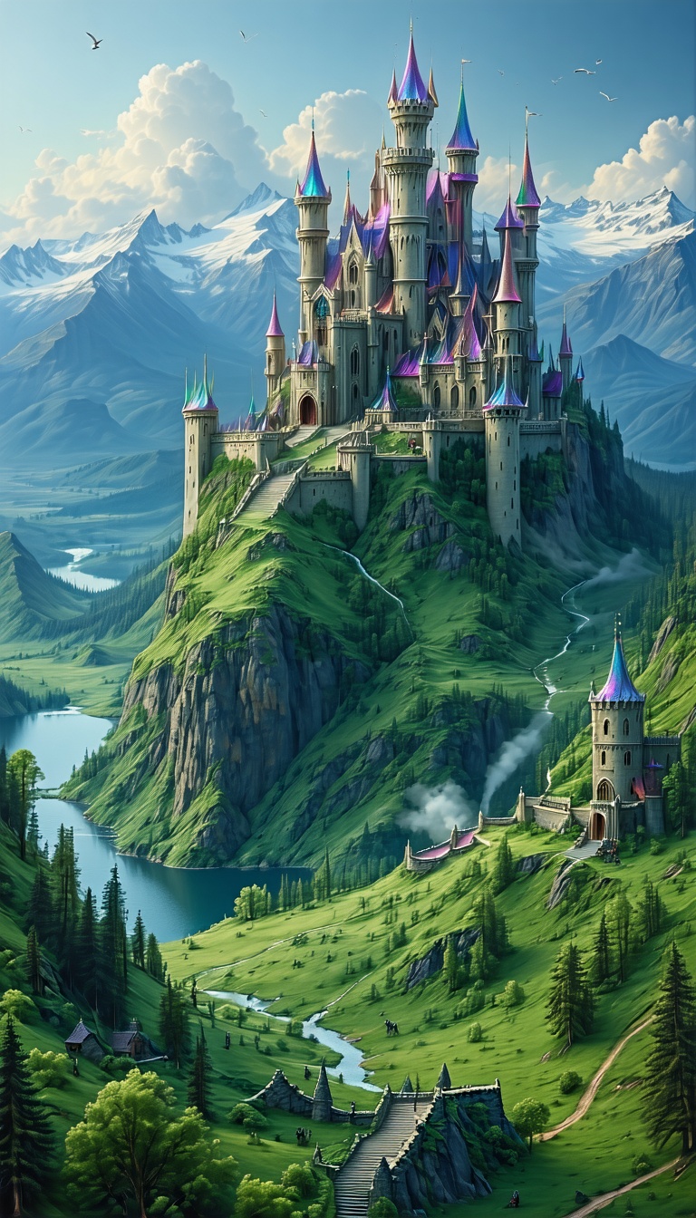 환상적인 산 위의 성, 판타지, 성, 캐슬, 풍경, 자연, 산