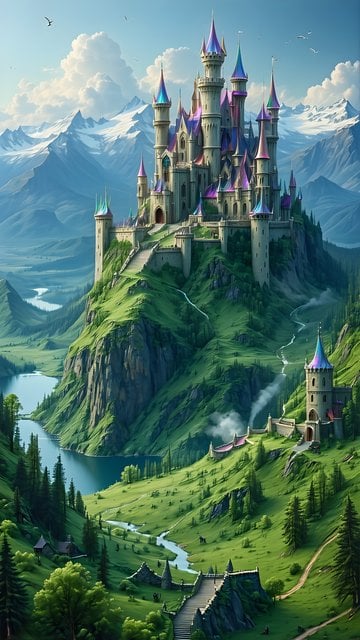 Vibrant Fantasy Castle Mountain Valley Wallpaper