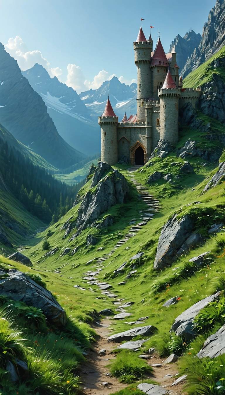 산 중턱의 고성, 고성, 성, 산, 산맥, 초원, 계단