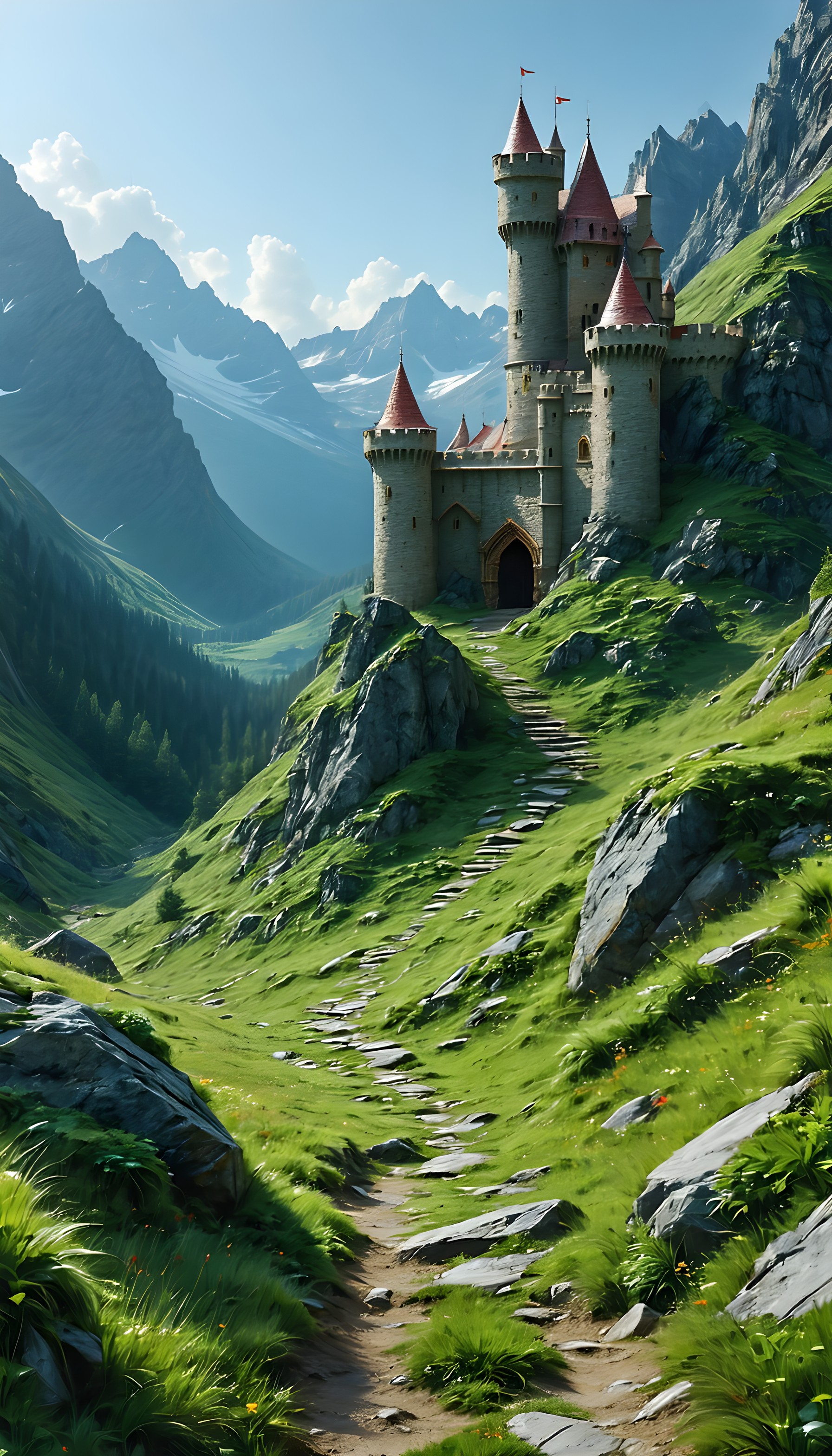 Enchanted Mountain Castle Valley Mobile Wallpaper, fantasy castle, mountain landscape, green valley, enchanting, majestic, digital art