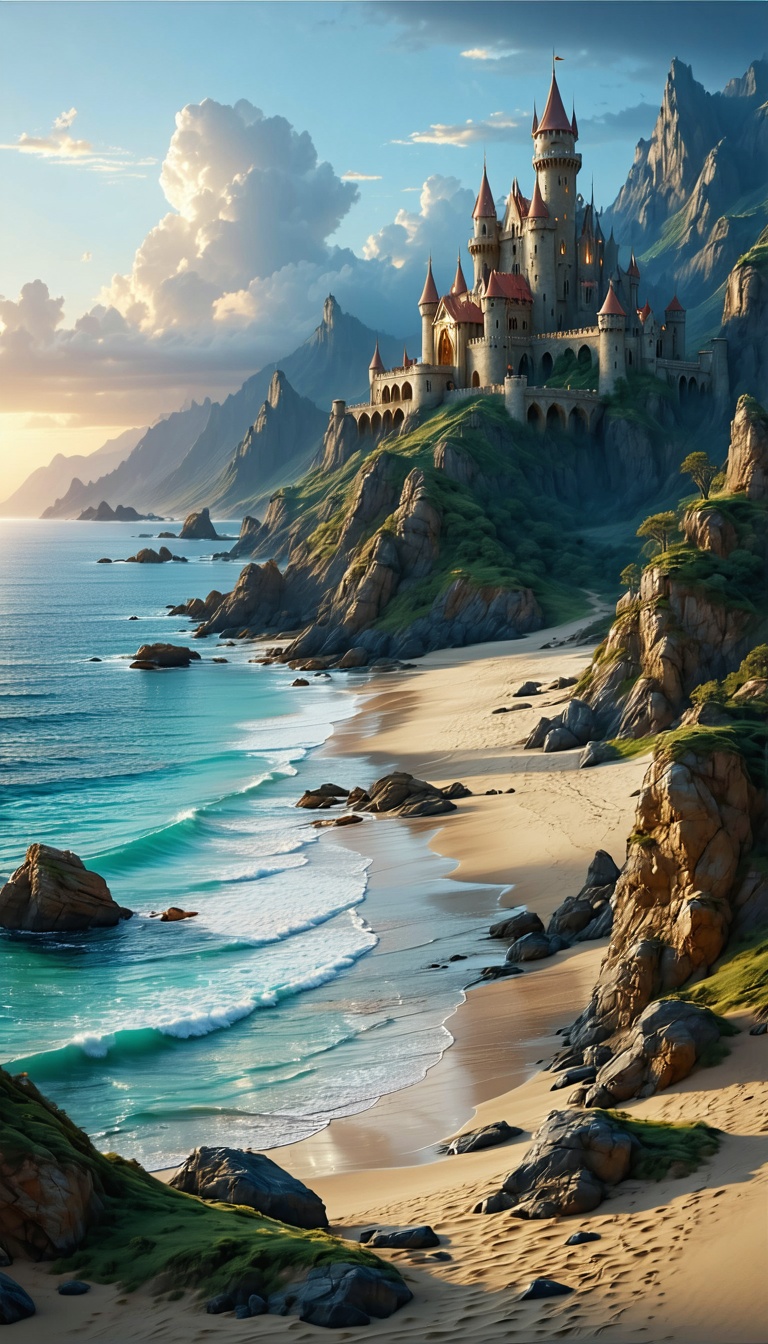 해변 절벽 위의 중세 성, 중세 성, Fantasy Castle, 해변, 바다, 절벽, 일몰