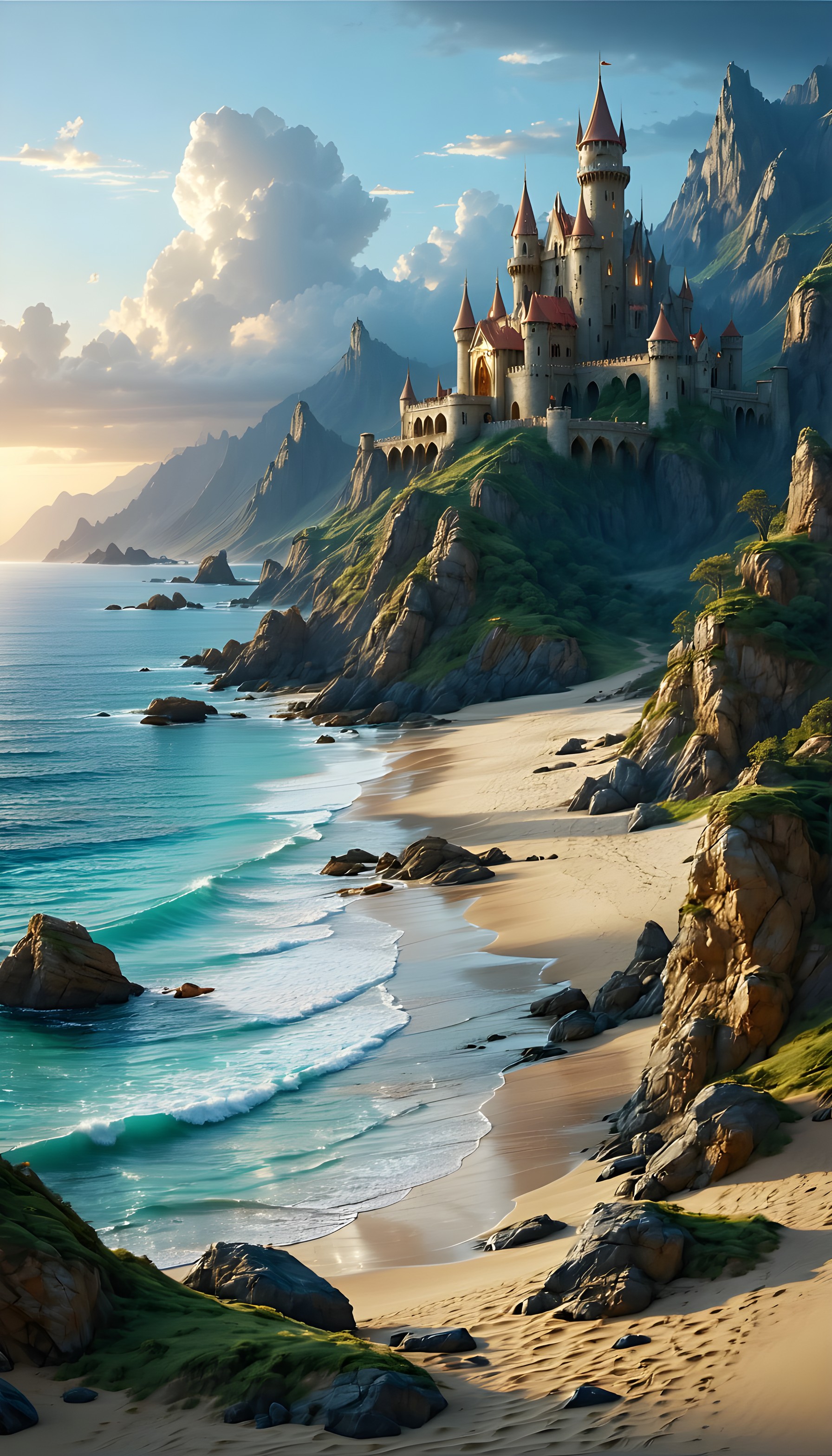 Fantasy Castle by Turquoise Beach Cliffside, fantasy castle, coastal landscape, dream beach, turquoise ocean, fairytale, cliffside