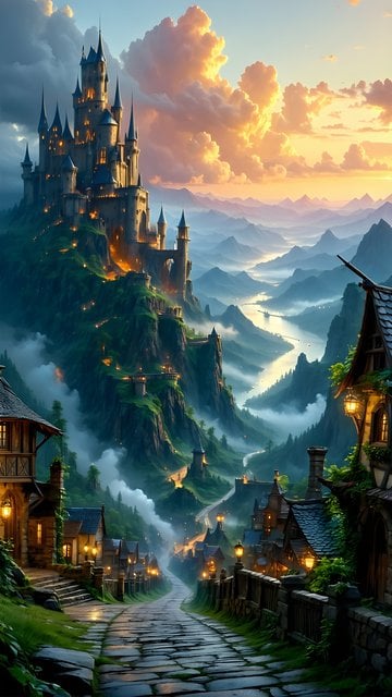 Fantasy Castle Village Sunset Mountain Valley Wallpaper