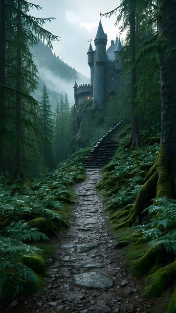 Enchanted Forest Path to Misty Medieval Castle